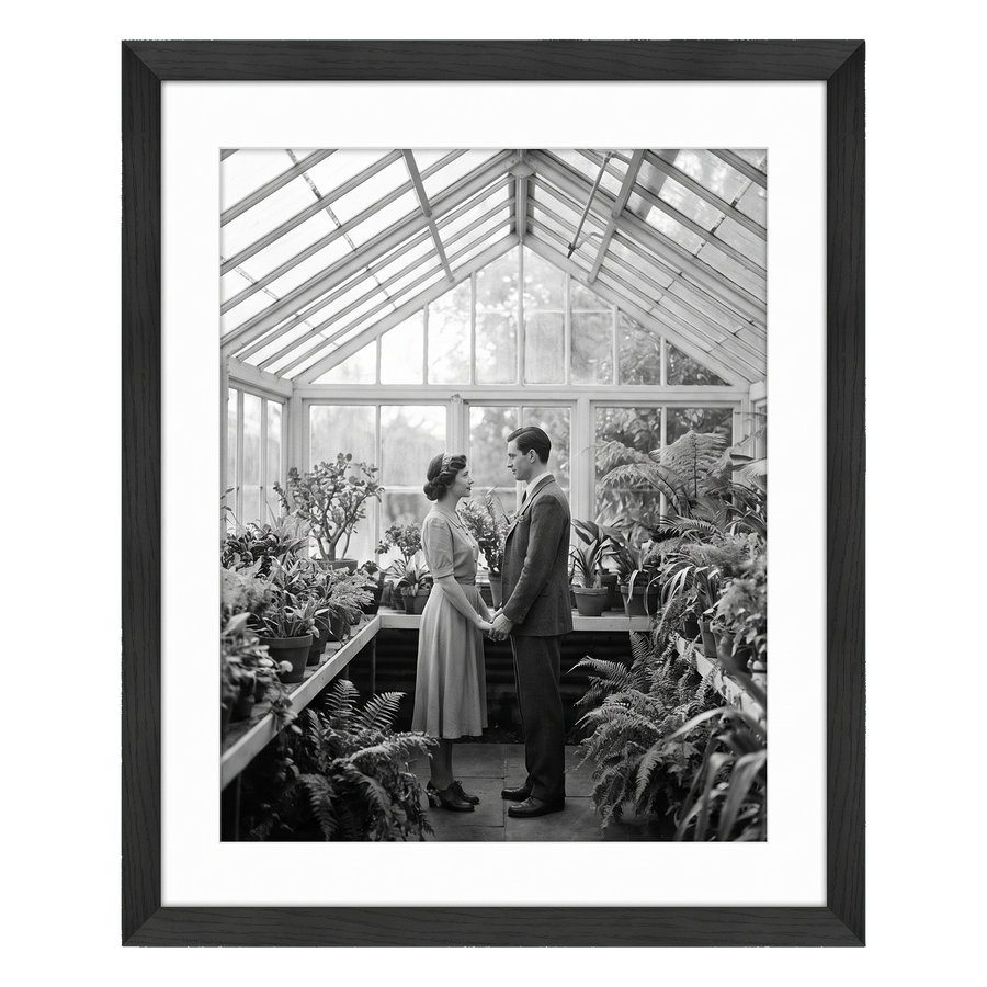 Black Hudson frame, 20x24, with a 16x20 white mat, holding a black-and-white photo of a couple in a greenhouse 