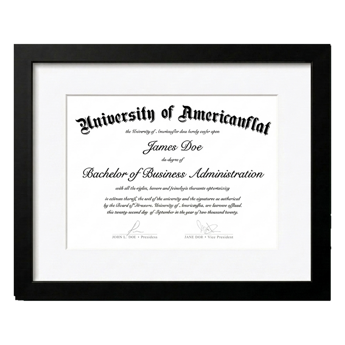 Black frame white mat white document on transparent