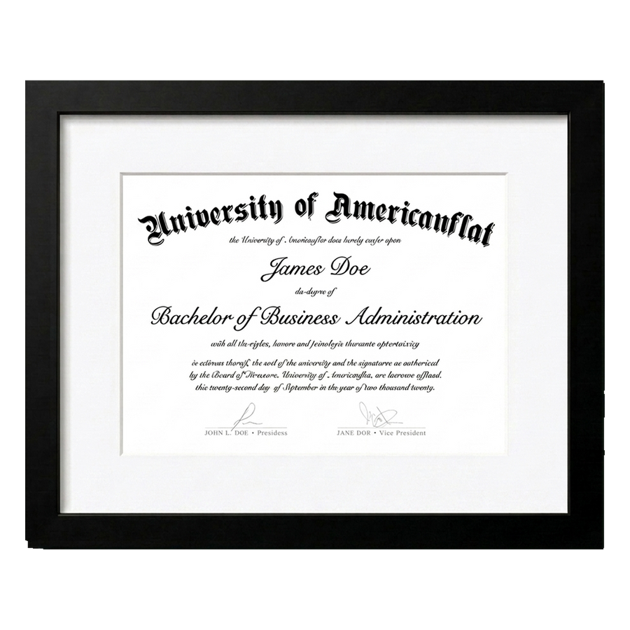 Black frame white mat white document on transparent