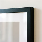 Close-up of the 16x22 mitred corner, black moulding and bevelled white mat edge 