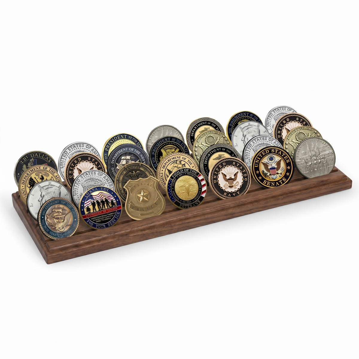 Walnut coin display holding rows of military challenge coins on a stepped base 