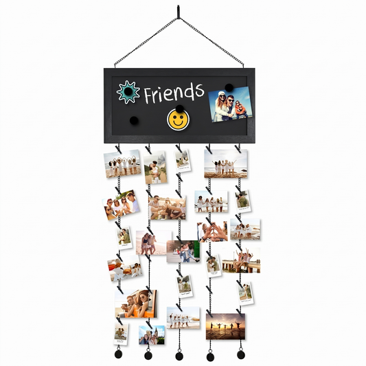 Hanging photo display with a chalkboard header lettered Friends above clipped photos #flat