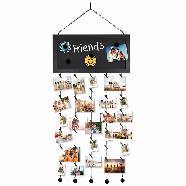 Hanging photo display with a chalkboard header lettered Friends above clipped photos #flat