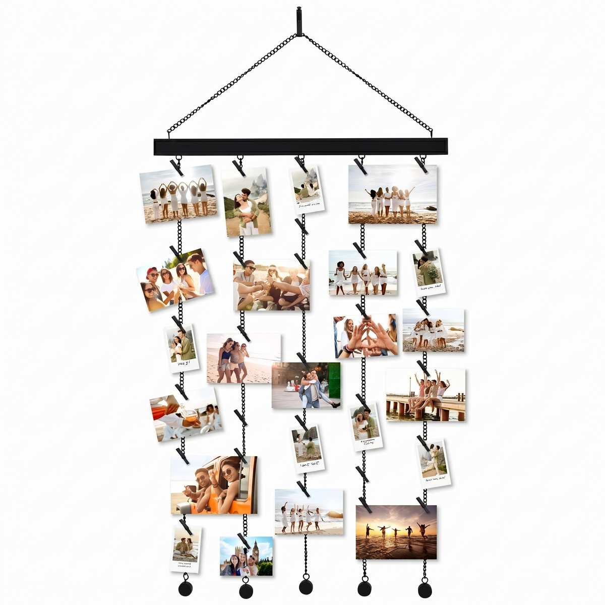 Hanging photo display: a black bar with chains and mini clips holding snapshots 