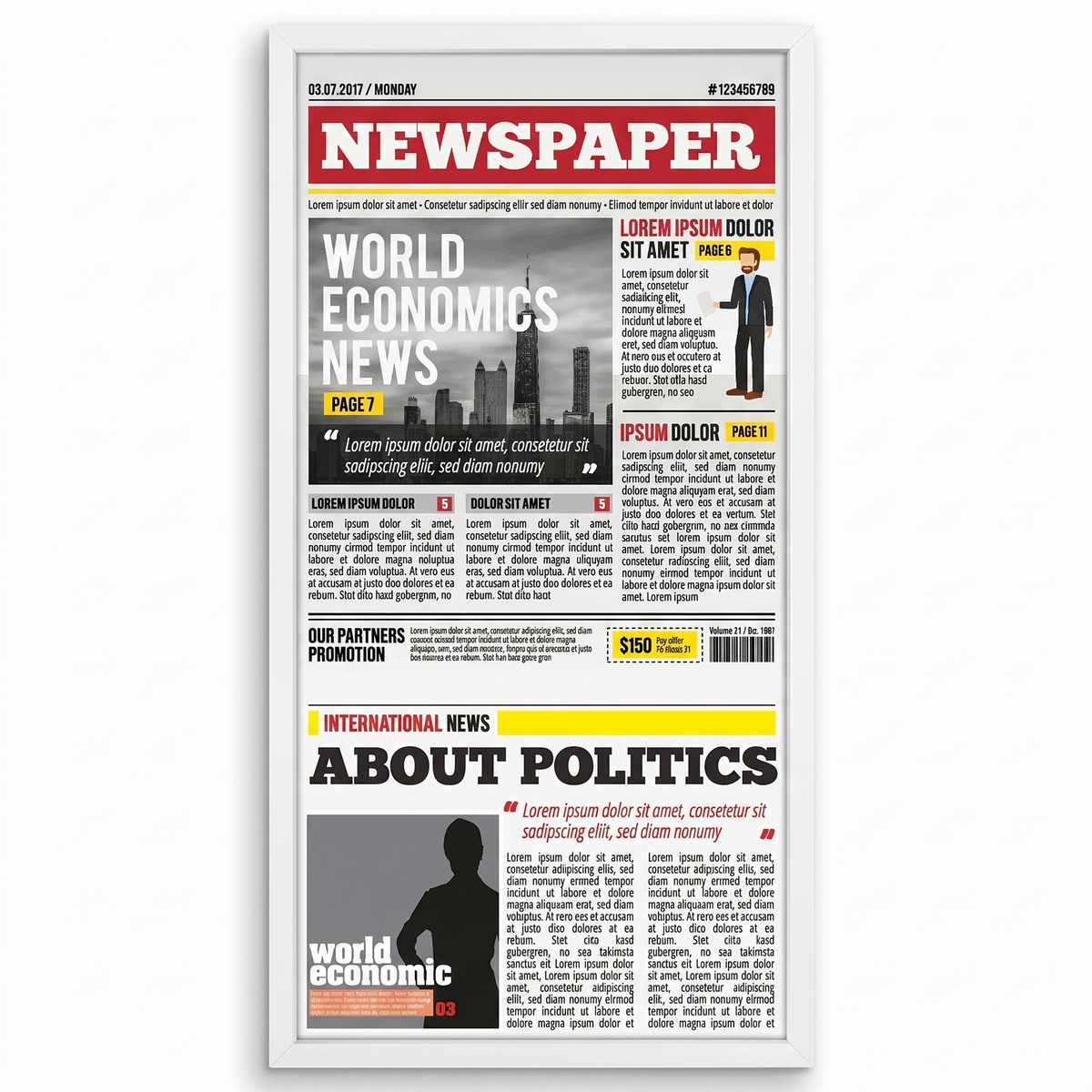 White 11x22 newspaper frame holding a sample front page headed World Economics News 