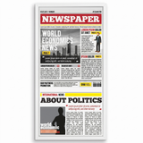White 11x22 newspaper frame holding a sample front page headed World Economics News 