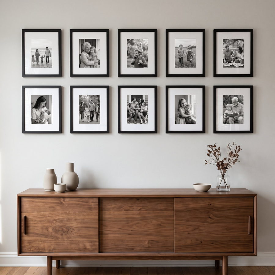 Galleria Grid Ten: ten black Galleria 8x10 frames matted to 5x7 (two 5-packs), hung as a five-by-two grid. Shown in a dining room, above a walnut sideboard, with family photos in the frames 