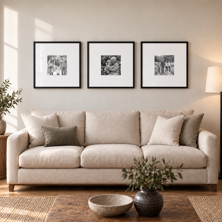 Wide Mat Trio 18x18 — three black frames with wide white mats and small square family photographs above a cream sofa