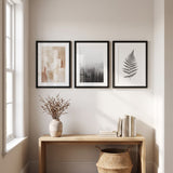 The three-frame row in a bright entry, daylight across the white mats 