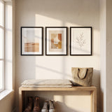 The three frames above an entry bench in a mudroom 