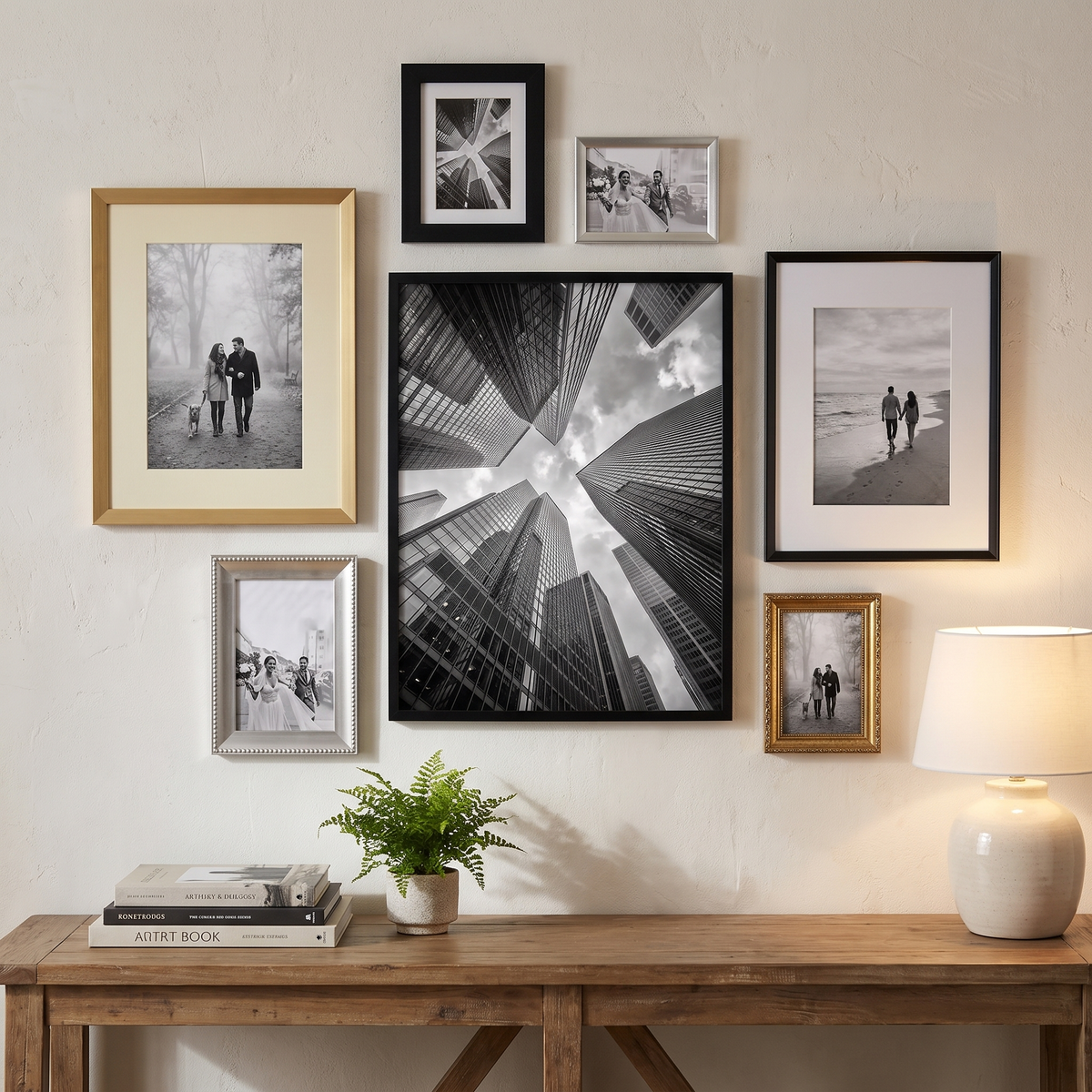 Mixed Metals Gallery Wall — Black, Gold & Silver · 7 Frames