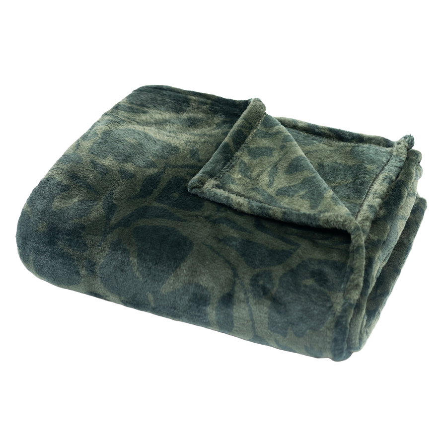 A folded plush fleece blanket with a dark green and gray abstract leaf-like pattern, shown on a clean white background. #flat