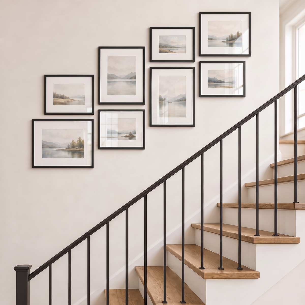 Clustered eight-frame black gallery wall on a staircase, all frames matted and glazed