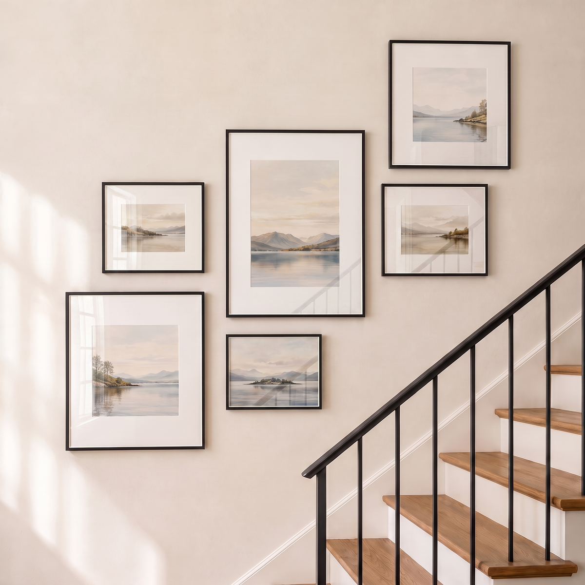 Six-frame mixed-size black gallery wall with two square frames, glazed and catching soft daylight