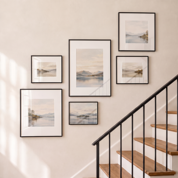 Six-frame mixed-size black gallery wall with two square frames, glazed and catching soft daylight #flat