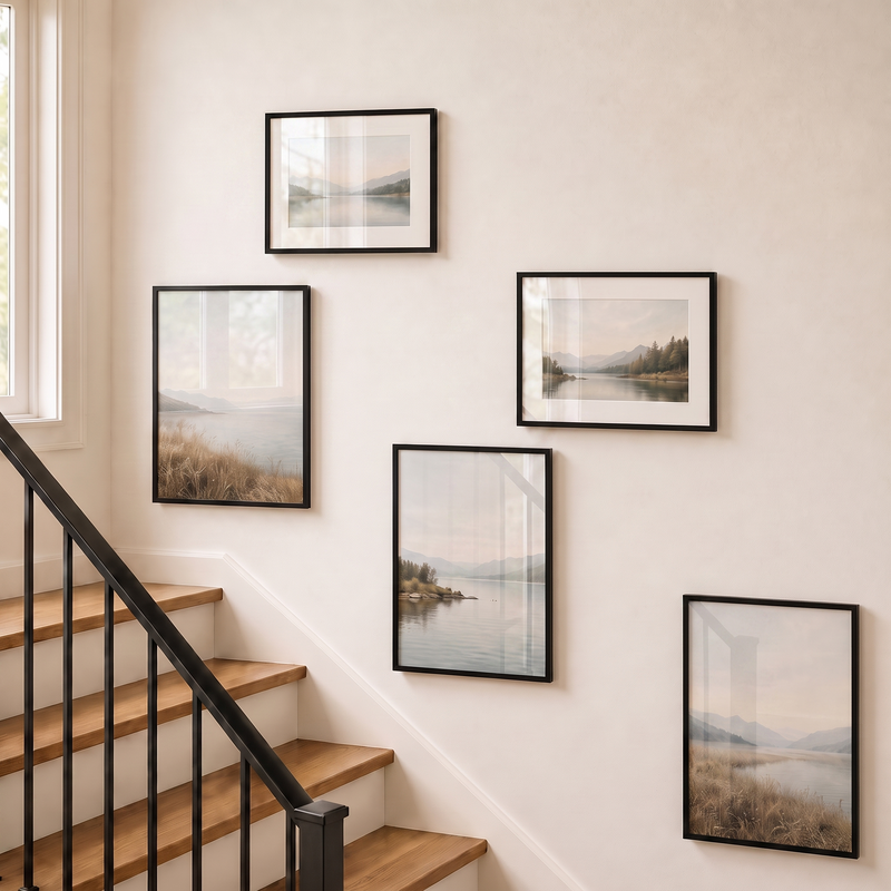 Open five-frame black gallery wall in a stairwell, three unmatted 12x18s and two matted 11x14s, all glazed #flat