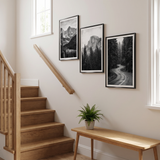 The Brooklyn trio seen at an angle above a slim oak bench 
