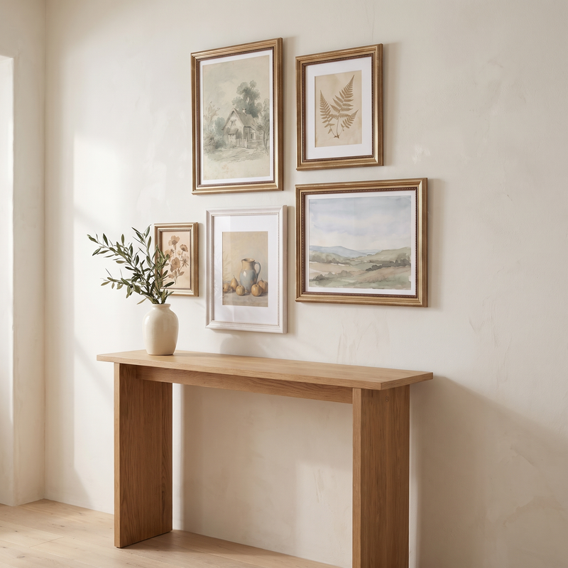 The five-frame collected gallery hung above an oak console table in a sunlit entryway #flat