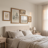 The collected gallery arrangement above a linen bed in a calm bedroom 