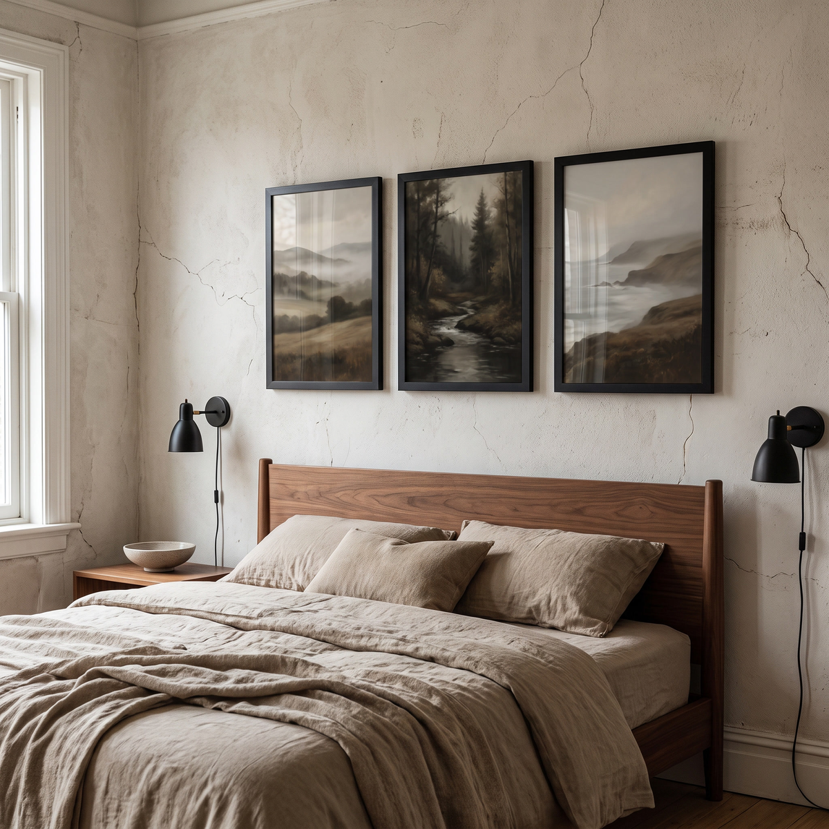 Three black 12x17 unmatted poster frames above a bed with wall sconces 