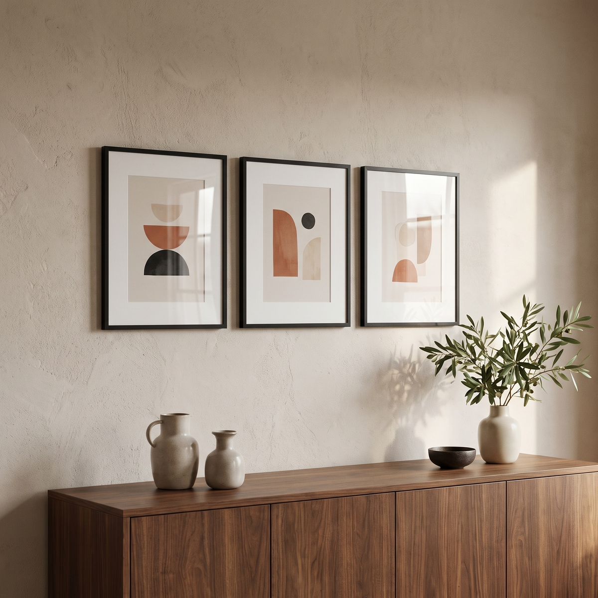 Three slim black 11x14 matted Streamline frames above a walnut sideboard 