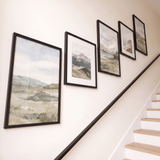 The open stairway set seen from the foot of the stairs, the five frames climbing with the handrail 