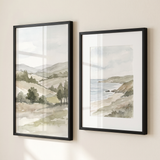 Close detail — unmatted 12x18 beside the 11x14 with its 8x10 white mat, slim matte-black molding 