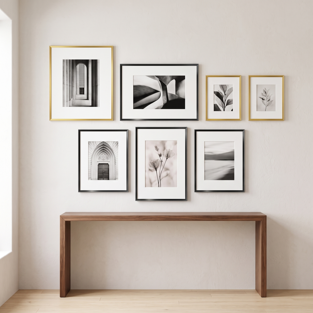 Seven Brooklyn aluminium frames in gold and black above a walnut console — three gold, four black, all matted 
