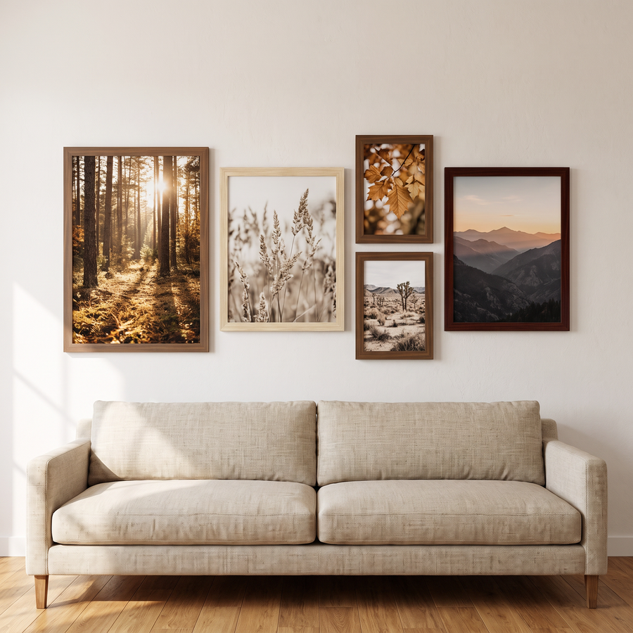 Five unmatted wood frames in walnut, natural oak and mahogany above a linen sofa #flat