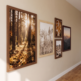 The warm woods set seen along the wall at an angle, grain catching the light 