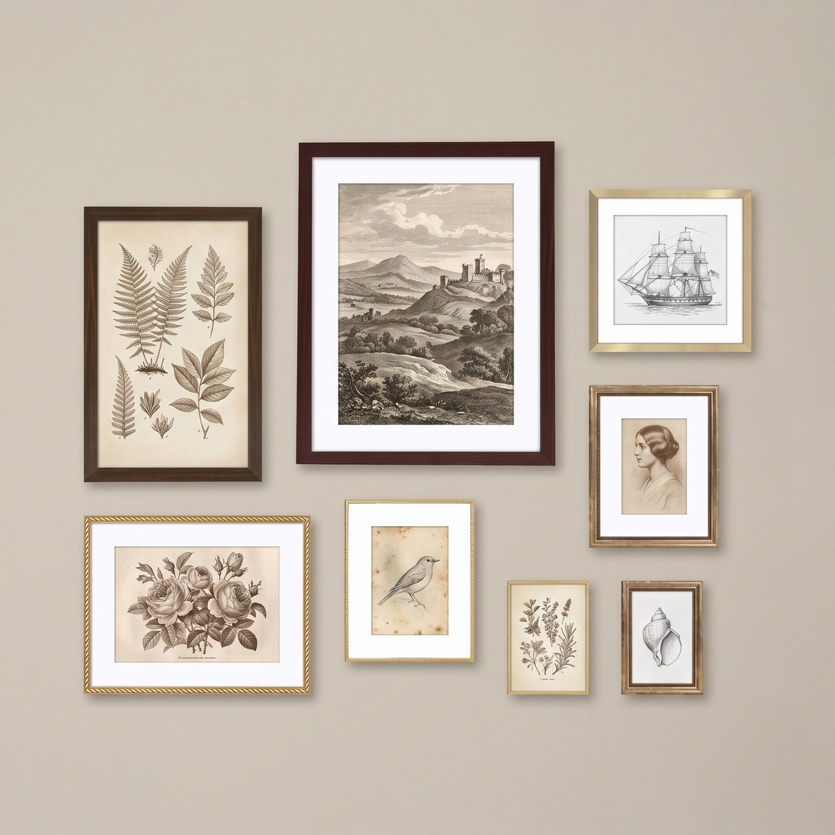 Eight-frame collected gallery wall in walnut, mahogany and antique gold on a warm plaster wall 