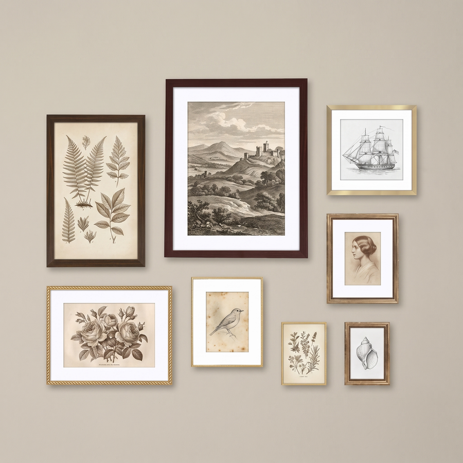 Eight-frame collected gallery wall in walnut, mahogany and antique gold on a warm plaster wall #flat