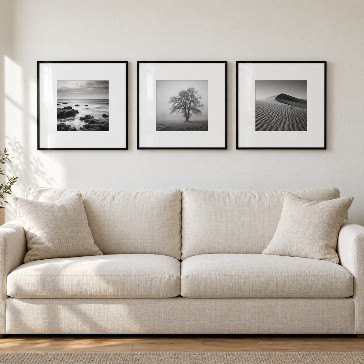 Wide Mat Trio 20x20 — Black · 3 Frames — styled on the wall