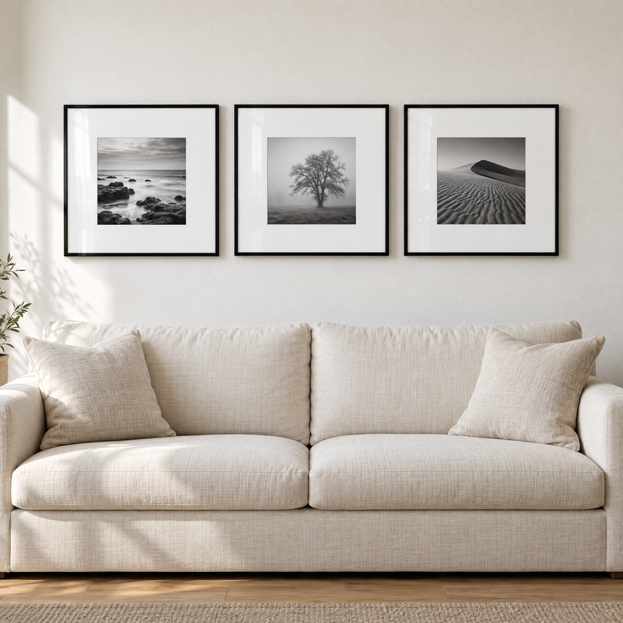 Wide Mat Trio 20x20 — Black · 3 Frames — styled on the wall