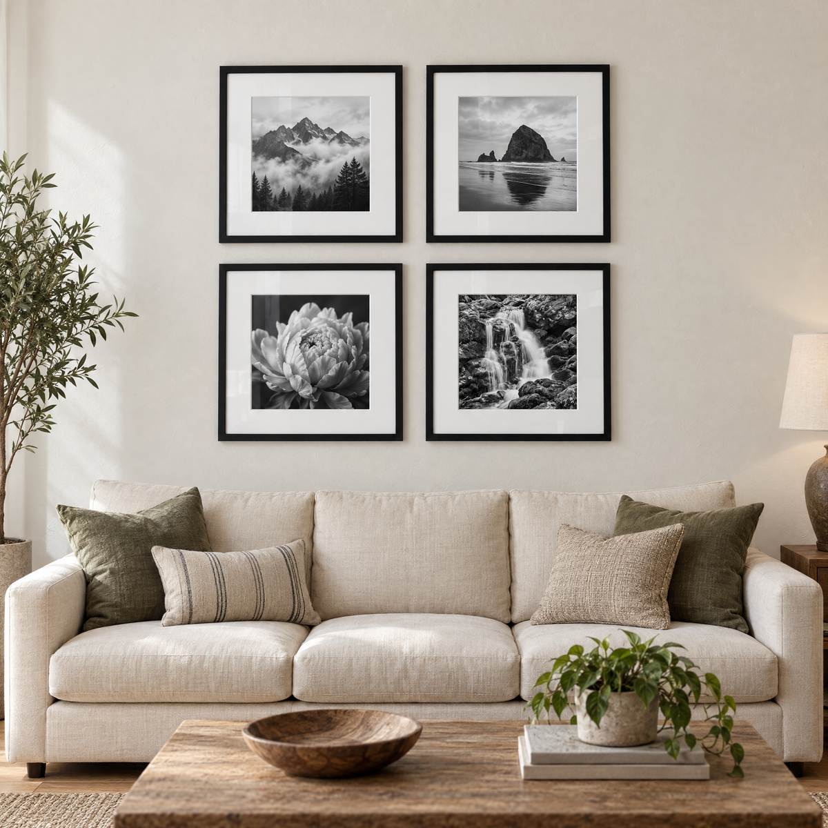 Wide Mat Quad 20x20 — Black · 4 Frames — styled on the wall