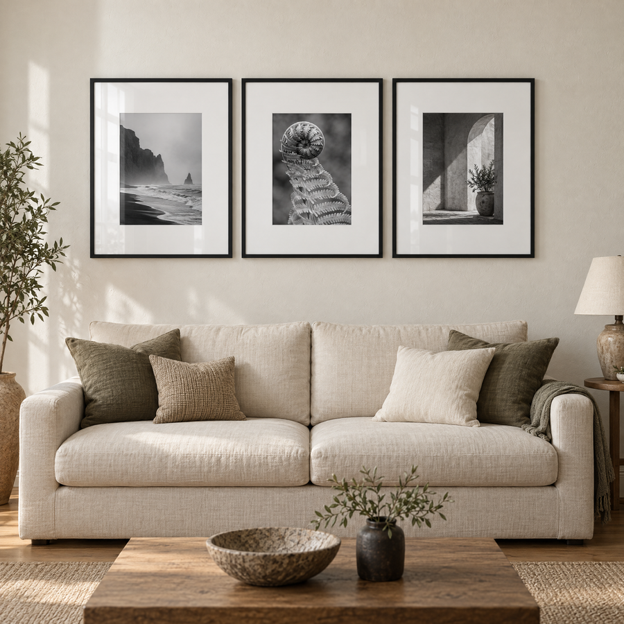 Wide Mat Trio 24x30 — Black · 3 Frames — styled on the wall