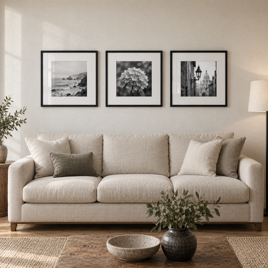 Wide Mat Trio 18x18 — Black · 3 Frames — styled on the wall