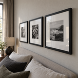 Wide Mat Trio 18x18 — Black · 3 Frames — angled view showing frame depth and glass