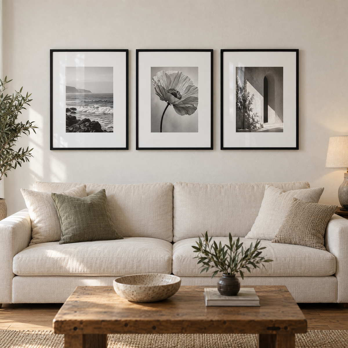 Wide Mat Trio 20x26 — Black · 3 Frames — styled on the wall