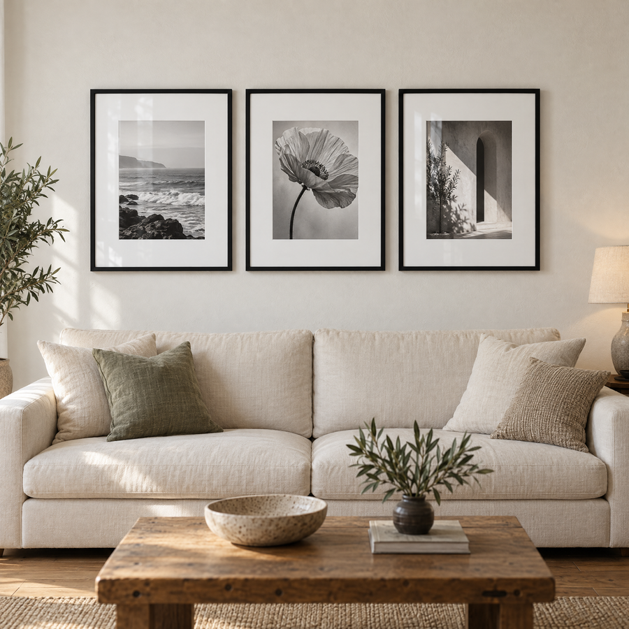 Wide Mat Trio 20x26 — Black · 3 Frames — styled on the wall
