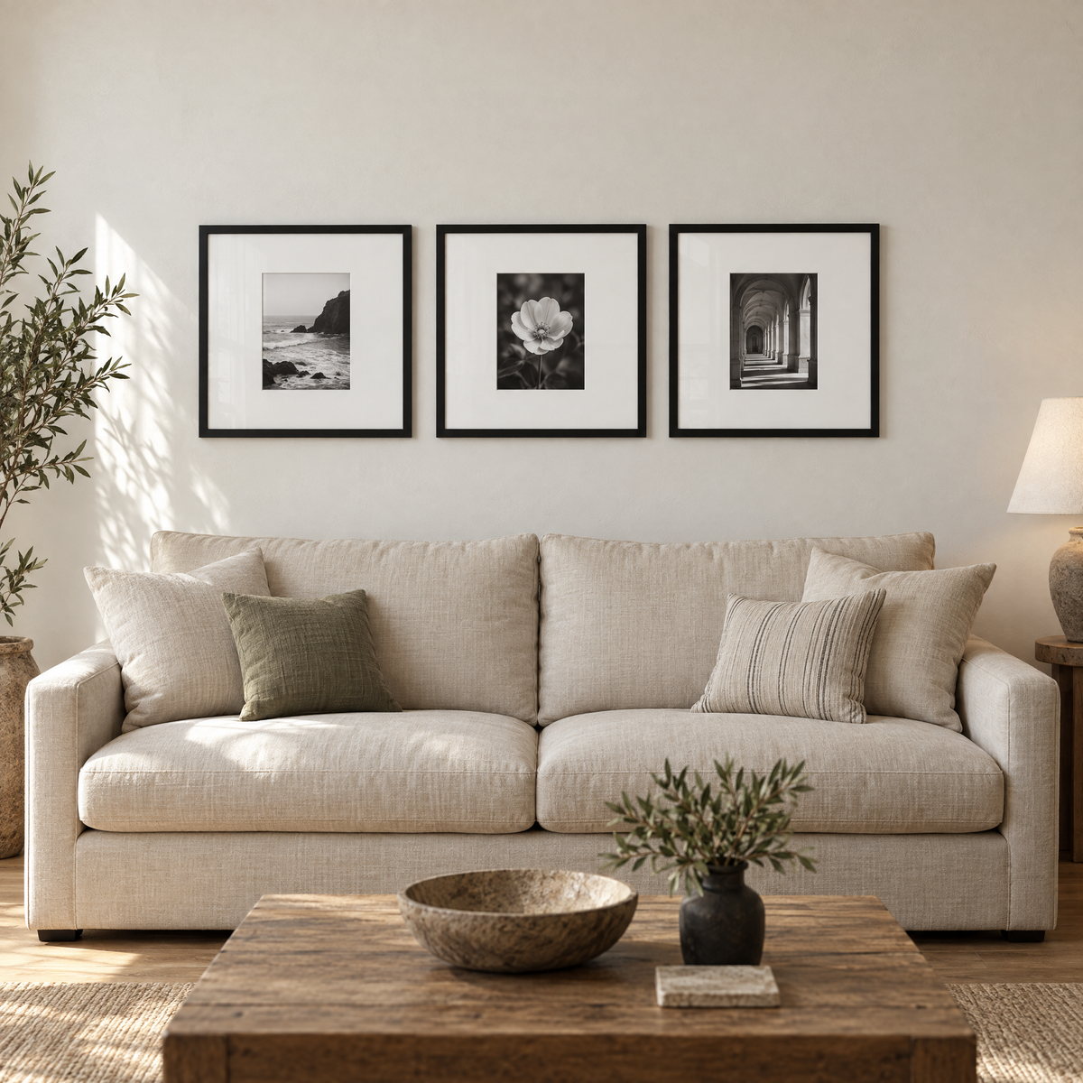 Wide Mat Trio 14x14 — Black · 3 Frames — styled on the wall