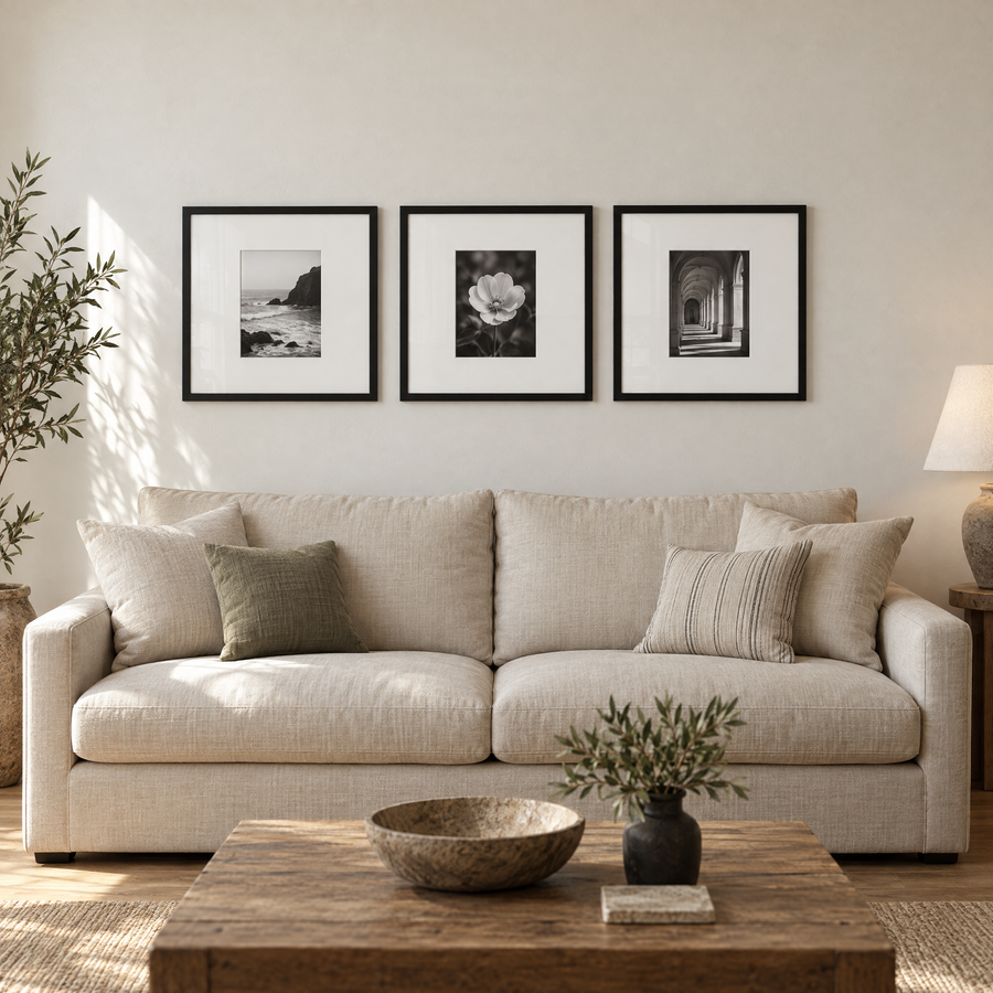 Wide Mat Trio 14x14 — Black · 3 Frames — styled on the wall