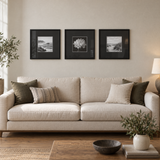 Wide Mat Trio 16x16 Black Mat — Black · 3 Frames — styled on the wall
