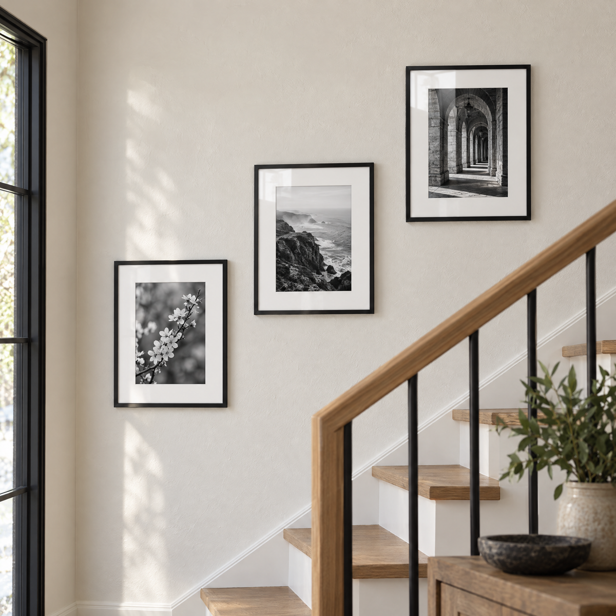 Minimal Stairway Trio (11x14) — Black · 3 Frames — styled on the wall