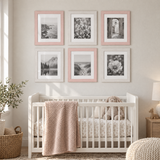 Nursery Gallery — Pink & White · 6 Frames — styled on the wall