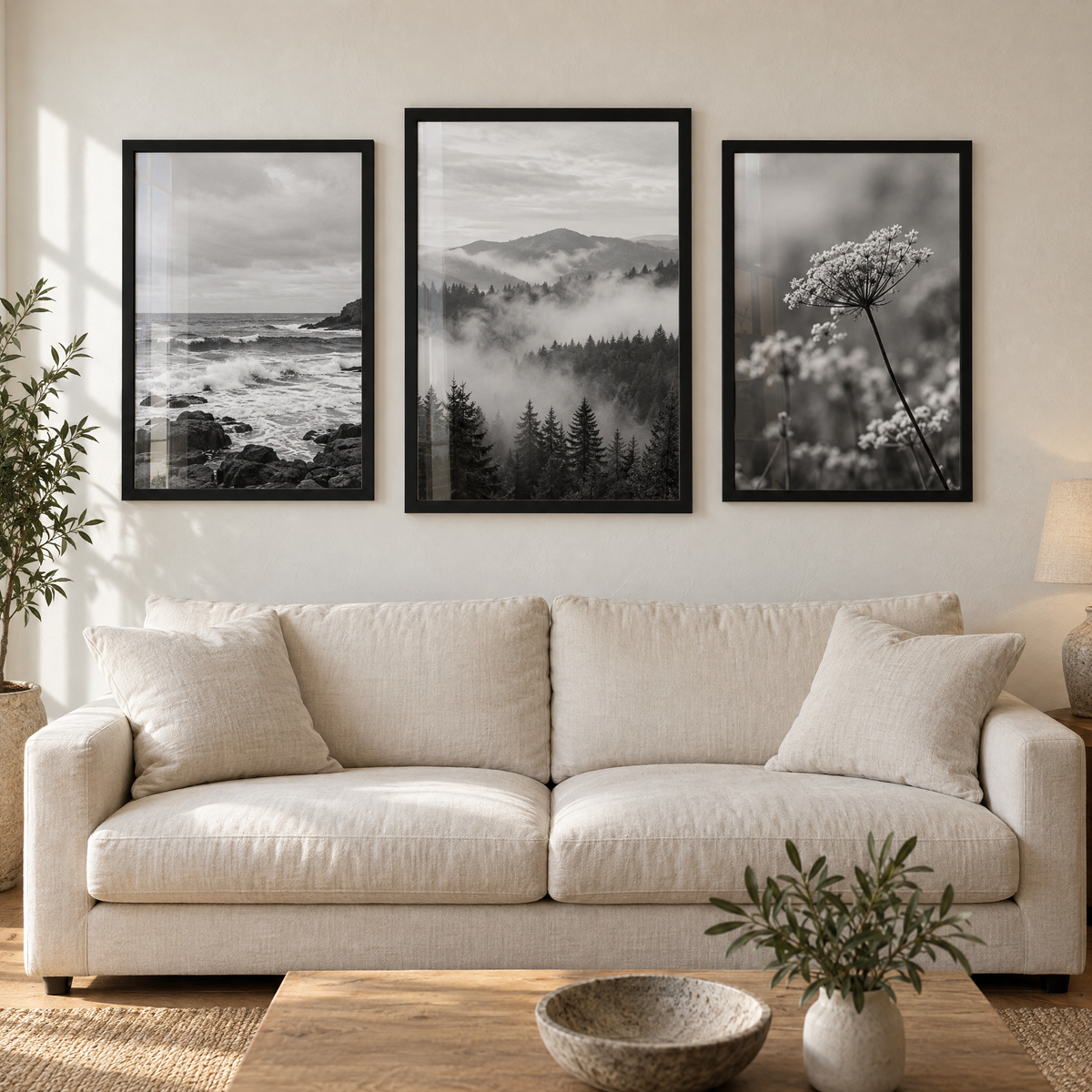 Statement Poster Trio — Black · 3 Oversized Frames — styled on the wall