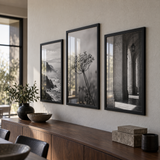Statement Poster Trio — Black · 3 Oversized Frames — angled view showing frame depth and glass