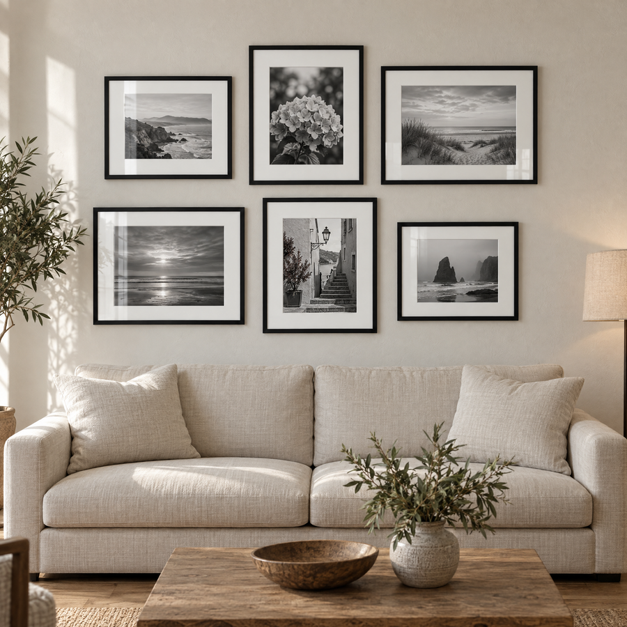 Stair-Step Sofa Gallery — Black · 6 Frames — styled on the wall