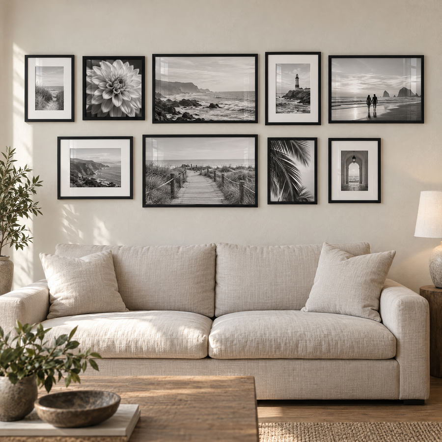 Mixed-Size Sofa Gallery — Black · 9 Frames — styled on the wall