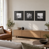Wide Mat Trio 16x16 Black Mat — Black · 3 Frames — styled in a bright living room